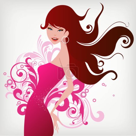 Illustration for Vector illustration of beautiful woman in pink dress with floral ornament on white background - Royalty Free Image