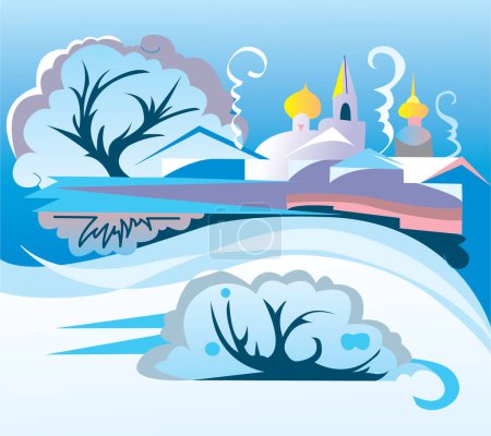 Téléchargez les illustrations : Paysage hivernal avec arbres et église, vecteur - en licence libre de droit
