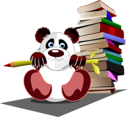 Téléchargez les illustrations : Un panda tenant un crayon avec pile de livres illustration - en licence libre de droit