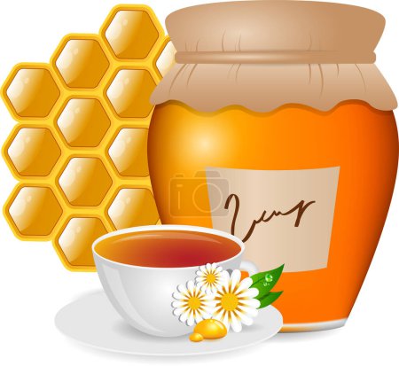 Illustration for Honey and cup of herbal tea on white background. - Royalty Free Image