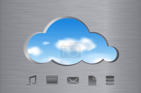 Illustration for Cloud shape cut out from brushed metal wall with a view of the clouds in the sky and icons. Cloud computing abstract concept. Vector illustration. - Royalty Free Image