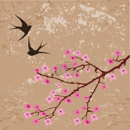 Ilustración de Vector floral fondo con pájaros y flores de cerezo - Imagen libre de derechos