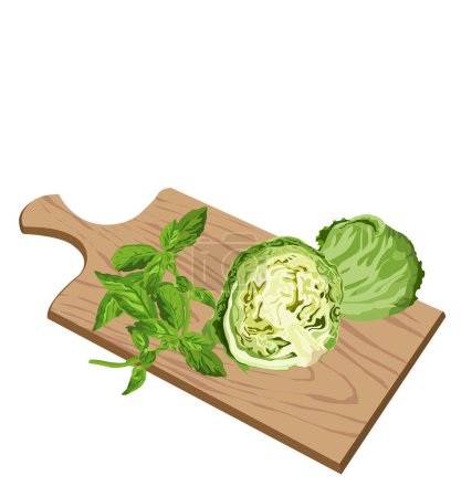 Illustration for Fresh green cabbage and greens on chopping board - Royalty Free Image