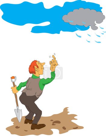 Illustration for On dry land stands a man with a shovel and expect rain cloud. - Royalty Free Image