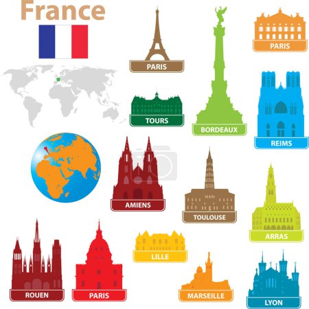 Illustration for Set of flat icons with the world cities of france - Royalty Free Image