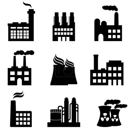 Téléchargez les illustrations : Icônes d'usine mis en noir sur fond blanc. illustration vectorielle - en licence libre de droit