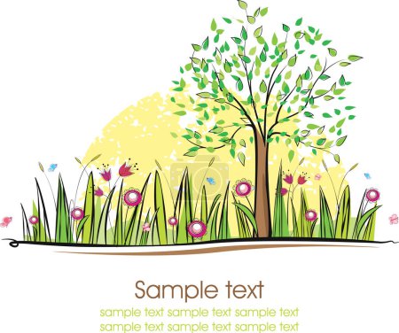 Illustration for Vector floral background with tree and flowers - Royalty Free Image