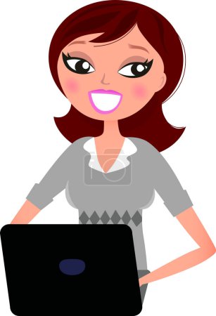 Téléchargez les illustrations : Personnage de dessin animé de la jeune femme avec ordinateur portable - en licence libre de droit