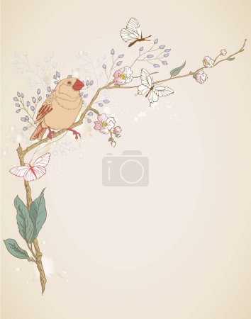 Ilustración de Pájaro en rama con flores - Imagen libre de derechos