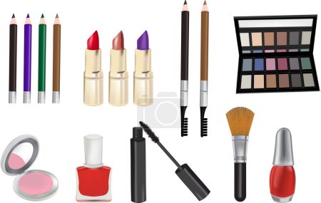 Téléchargez les illustrations : Ensemble d'icônes cosmétiques de maquillage sur fond blanc - en licence libre de droit