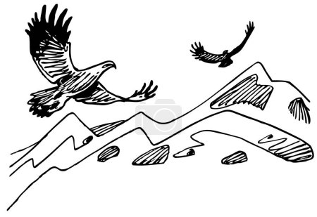 Ilustración de Ilustración con pájaros negros volando sobre montañas - Imagen libre de derechos