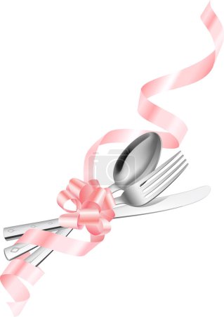 Téléchargez les illustrations : Fourchette, couteau et cuillère attachés avec ruban rose isolé sur blanc - en licence libre de droit