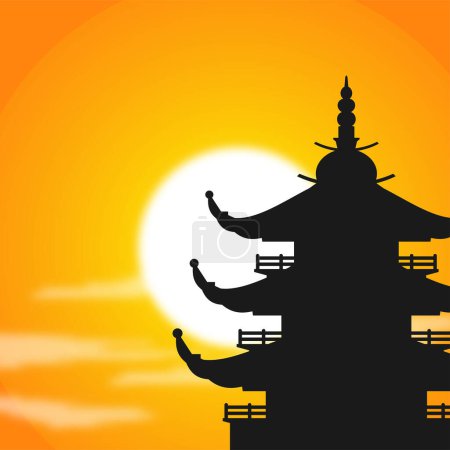 Téléchargez les illustrations : Illustration du temple du bouddha au coucher du soleil - en licence libre de droit