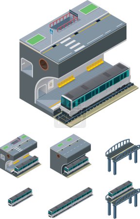 Téléchargez les illustrations : Ensemble de métro isométrique avec train de métro, train, métro et autres objets vectoriels - en licence libre de droit