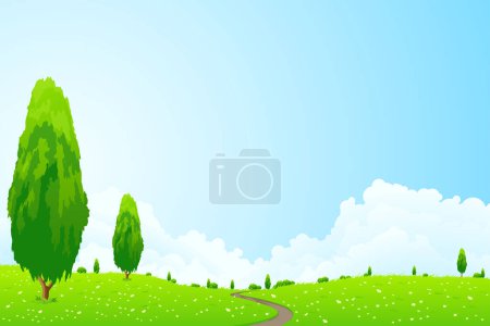 Téléchargez les illustrations : Paysage de champ d'herbe verte avec fond bleu ciel - en licence libre de droit
