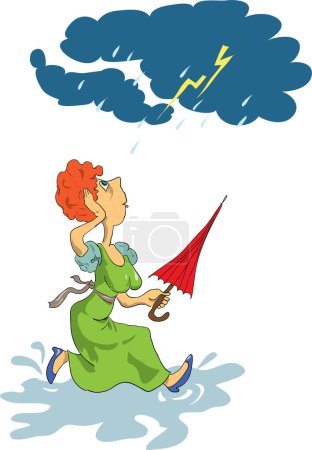Téléchargez les illustrations : Une femme court à travers les flaques avec un parapluie à la main, tempête, dessin animé. - en licence libre de droit