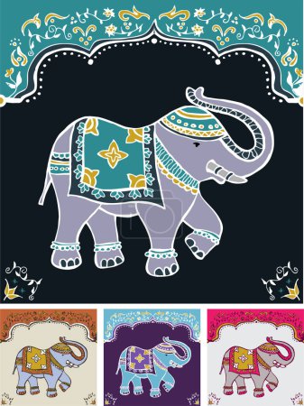 Téléchargez les illustrations : Ensemble vectoriel d'éléphants indiens colorés. style ethnique. - en licence libre de droit