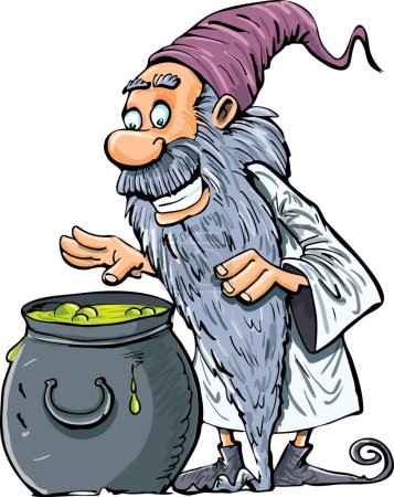 Illustration for Illustration of a cartoon witcher with a beard boiling some magic potion - Royalty Free Image