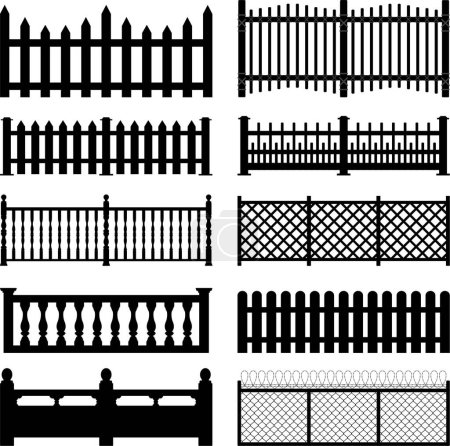 Téléchargez les illustrations : Ensemble de clôtures décoratives en noir et blanc - en licence libre de droit
