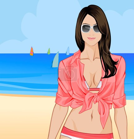 Ilustración de Hermosa chica en gafas de sol en la playa - Imagen libre de derechos