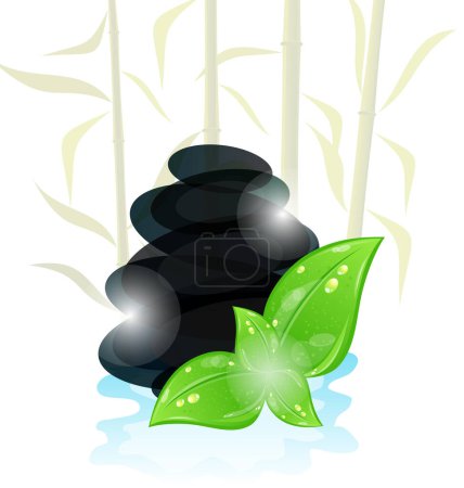 Illustration for Meditative oriental background with cairn stones and eco green leaves - Royalty Free Image