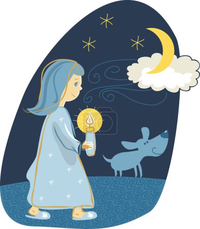 Téléchargez les illustrations : Mignon dessin animé fille avec un chien et une lanterne marche la nuit - en licence libre de droit