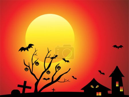 Foto de Fondo de Halloween con luna llena y murciélagos sentados en el árbol - Imagen libre de derechos