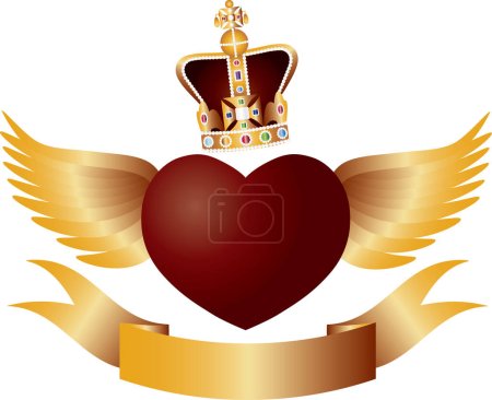 Téléchargez les illustrations : Coeur rouge volant avec illustration de bannière de couronne - en licence libre de droit
