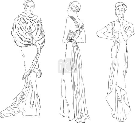 Téléchargez les illustrations : Trois figures féminines en robes de soirée. Illustration vectorielle, dessin manuel. - en licence libre de droit