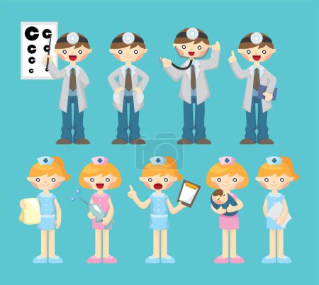 Téléchargez les illustrations : Icônes de personnage de médecin dessin animé mignon ensemble - en licence libre de droit