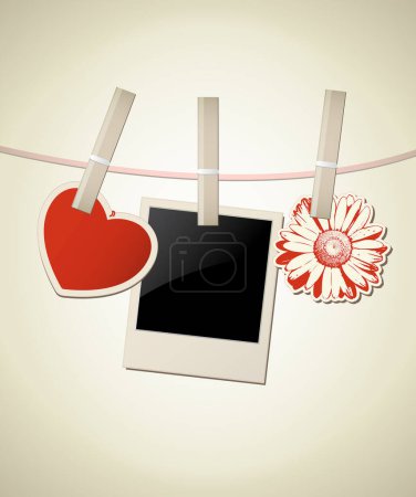 Illustration for Heart with a photo frame and flower connected with clothes pins - Royalty Free Image