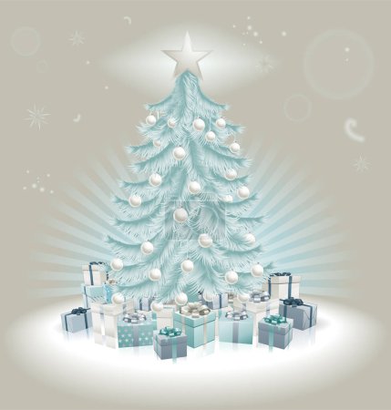 Téléchargez les illustrations : Carte de vœux de Noël vectorielle avec boîtes cadeaux et sapin. - en licence libre de droit