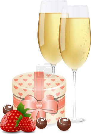 Ilustración de Ilustración del concepto del día de San Valentín. caja de regalo con fresa, copas de champán, - Imagen libre de derechos