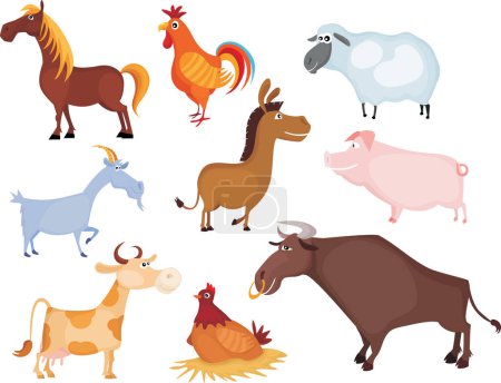 Téléchargez les illustrations : Ensemble d'animaux de ferme, vecteur, illustration - en licence libre de droit