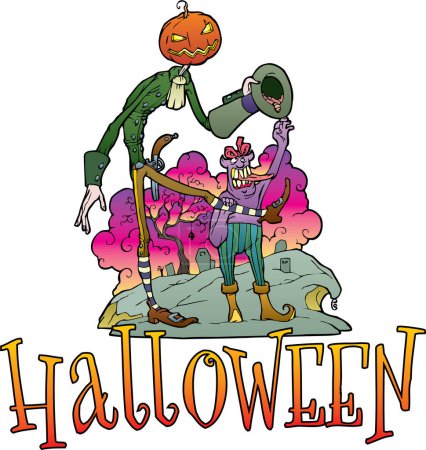 Téléchargez les illustrations : Fond d'Halloween avec des personnages effrayants - en licence libre de droit
