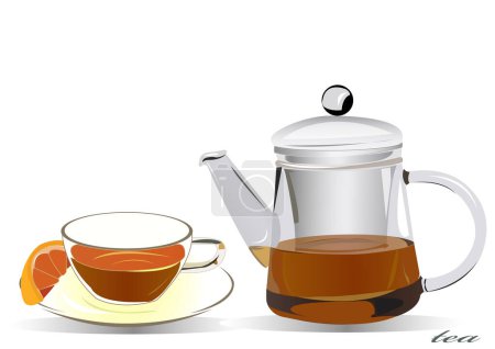 Téléchargez les illustrations : Tasse de thé noir dans la tasse et théière. illustration vectorielle. - en licence libre de droit