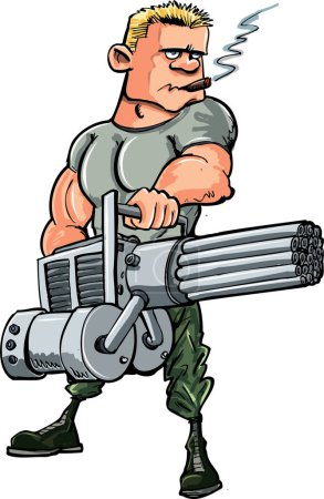 Téléchargez les illustrations : Illustration de dessin animé d'un soldat fort avec un pistolet - en licence libre de droit