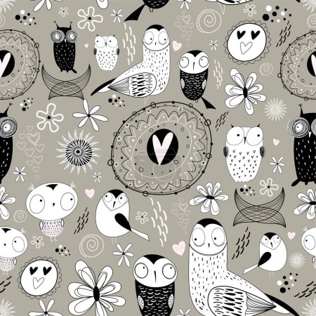 Ilustración de Lindo patrón sin costura dibujado a mano con las aves. ilustración vectorial - Imagen libre de derechos