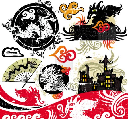 Illustration for Set of chinese symbols with dragon, chinese culture concept - Royalty Free Image