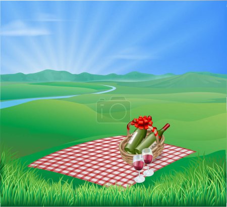 Ilustración de Fondo con hermoso paisaje y cesta de picnic en primer plano - Imagen libre de derechos
