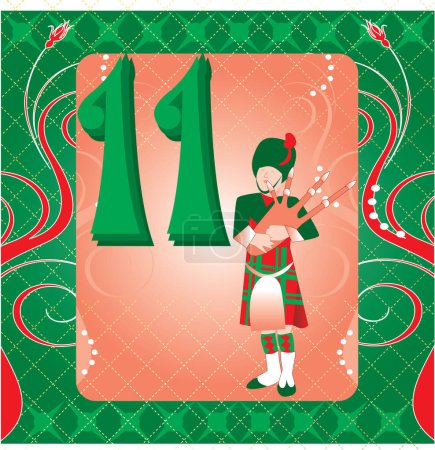 Illustration for Colorful illustration of number 11 with musician plays bagpipes - Royalty Free Image
