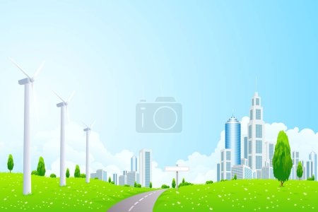 Téléchargez les illustrations : Éoliennes et route verte - en licence libre de droit