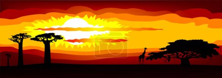 Téléchargez les illustrations : Illustration vectorielle d'un beau coucher de soleil en Afrique - en licence libre de droit