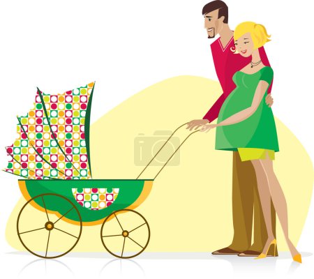 Ilustración de Ilustración vectorial de una mujer embarazada con un cochecito de bebé en el cochecito - Imagen libre de derechos