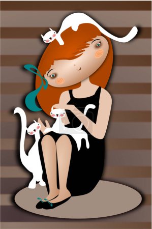 Téléchargez les illustrations : Une fille avec ses chats, illustration - en licence libre de droit