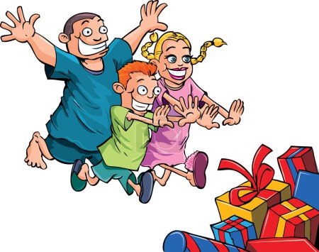 Téléchargez les illustrations : Famille heureuse avec des cadeaux - en licence libre de droit