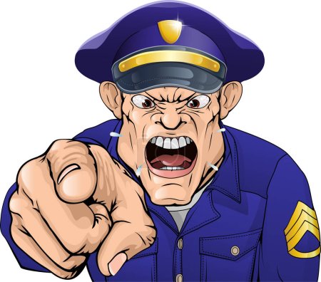 Téléchargez les illustrations : Policier en colère pointant du doigt sur fond blanc - en licence libre de droit