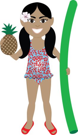 Téléchargez les illustrations : Vecteur de fille hawaïenne en maillot de bain avec ananas et nouilles Floatie
. - en licence libre de droit