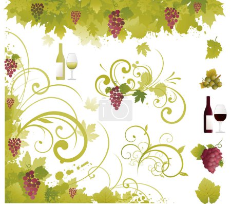 Téléchargez les illustrations : Illustration du vin et du raisin sur fond blanc - en licence libre de droit