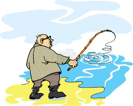 Téléchargez les illustrations : Figure pêcheur avec une canne à pêche sur la rive de la rivière. - en licence libre de droit